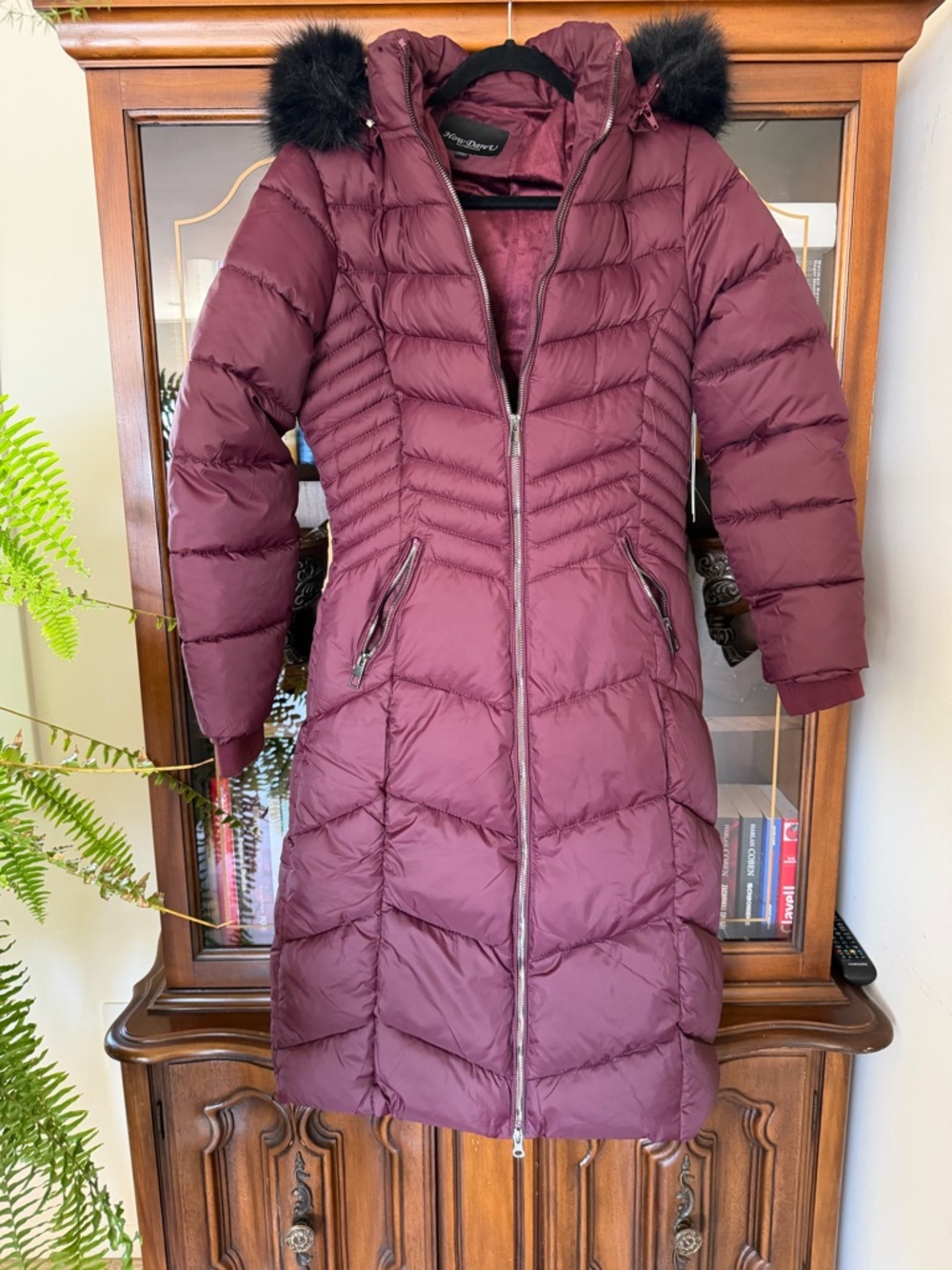 Women's Long Quilted Puffer Coat with Fur-Trim Hood — Burgundy